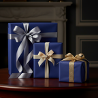 Elegant navy blue gift boxes wrapped in solid color paper, tied with silver and gold satin ribbons.