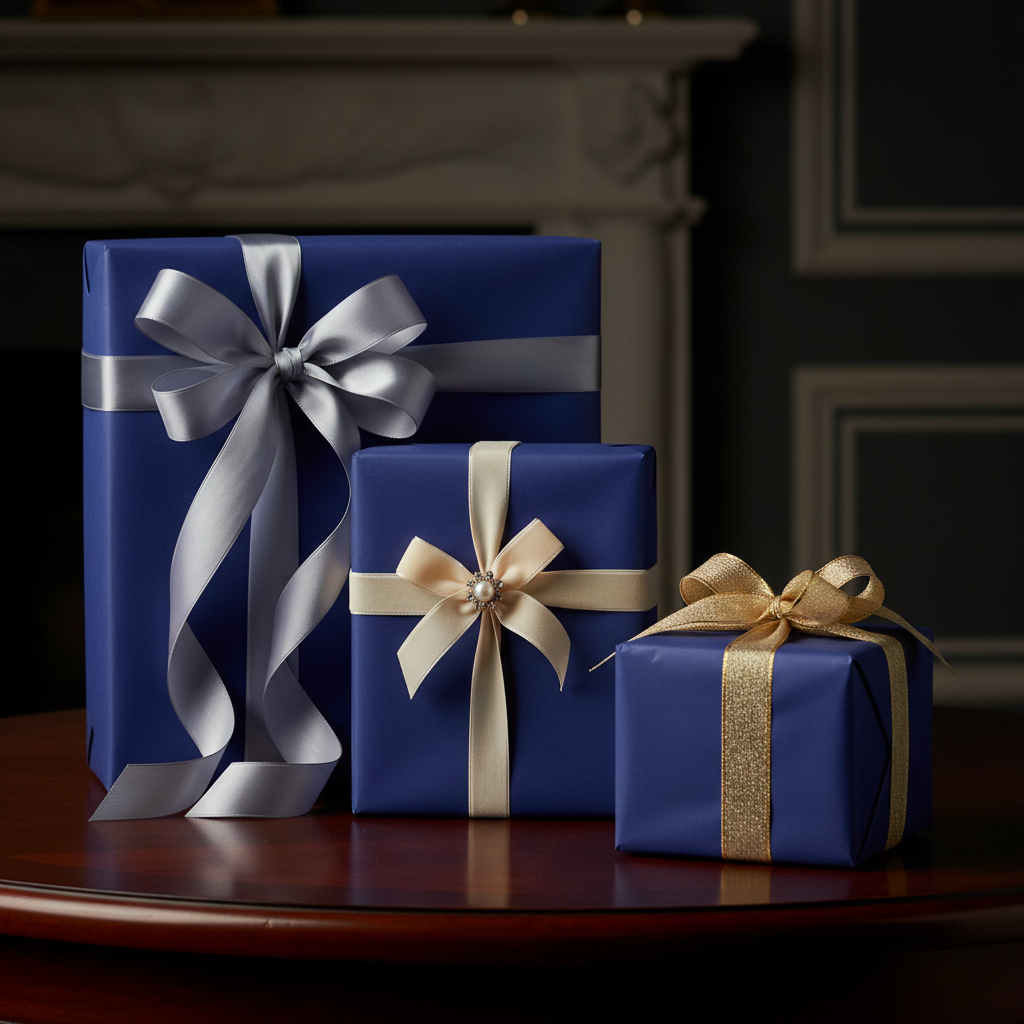 Elegant navy blue gift boxes wrapped in solid color paper, tied with silver and gold satin ribbons.