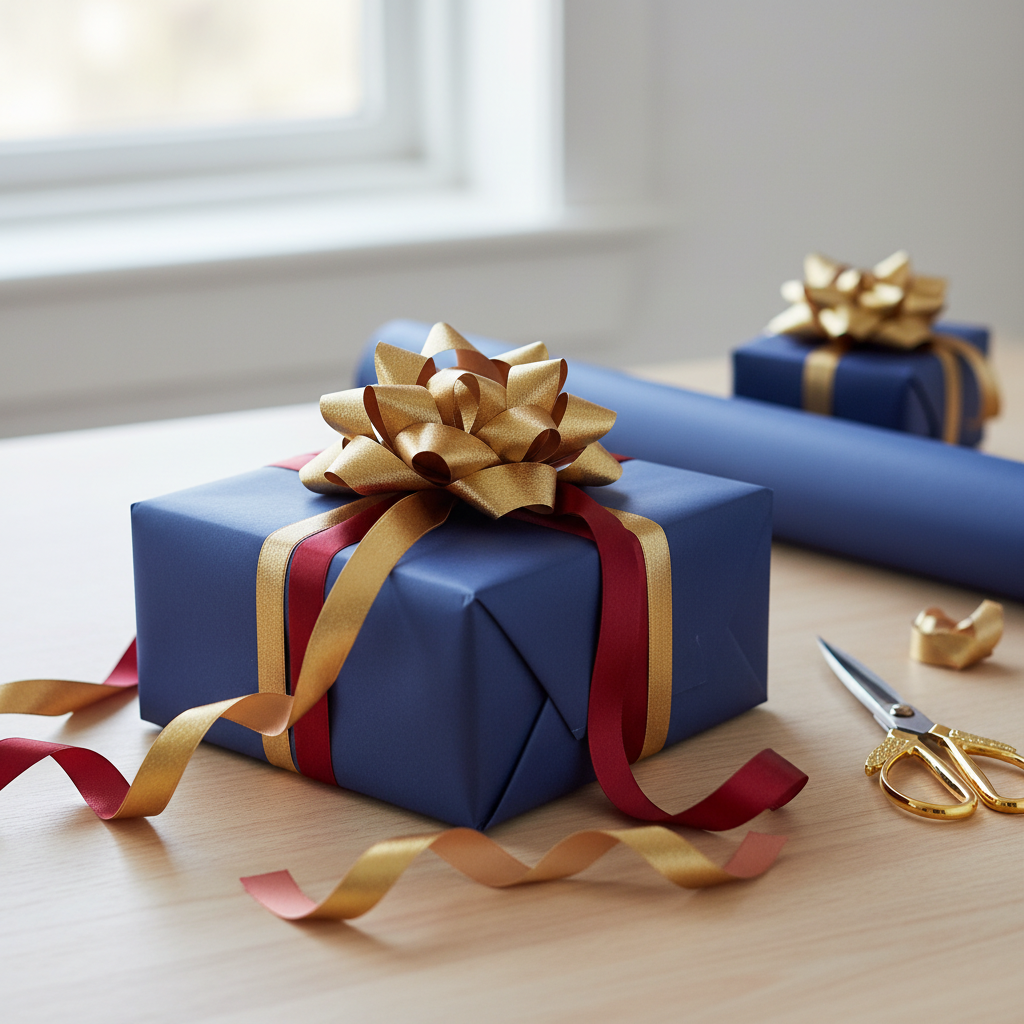 Elegant navy blue gift wrapped with gold bow and red ribbon, stylish wrapping paper for presents.