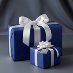 Navy blue wrapping paper with white ribbon on gift boxes; elegant presents.
