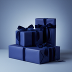 Elegant blue wrapping paper on gifts with velvet ribbon bows for birthdays, holidays, or wedding presents.