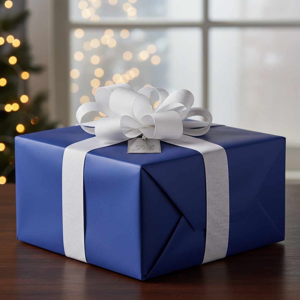 Elegant navy blue gift with white ribbon and bow; Christmas wrapping paper.