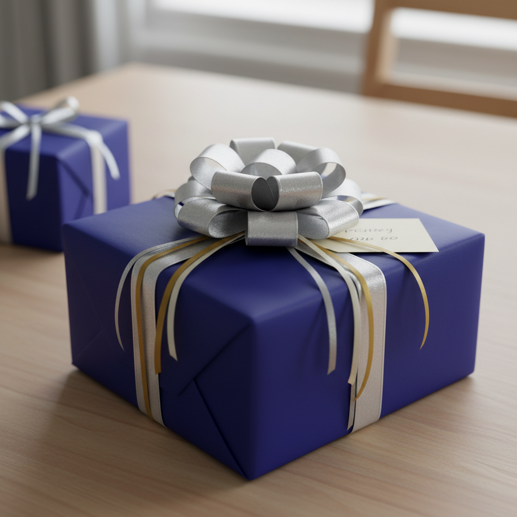 Elegant navy blue gift wrapped with silver ribbon and bow, blank gift tag on top.