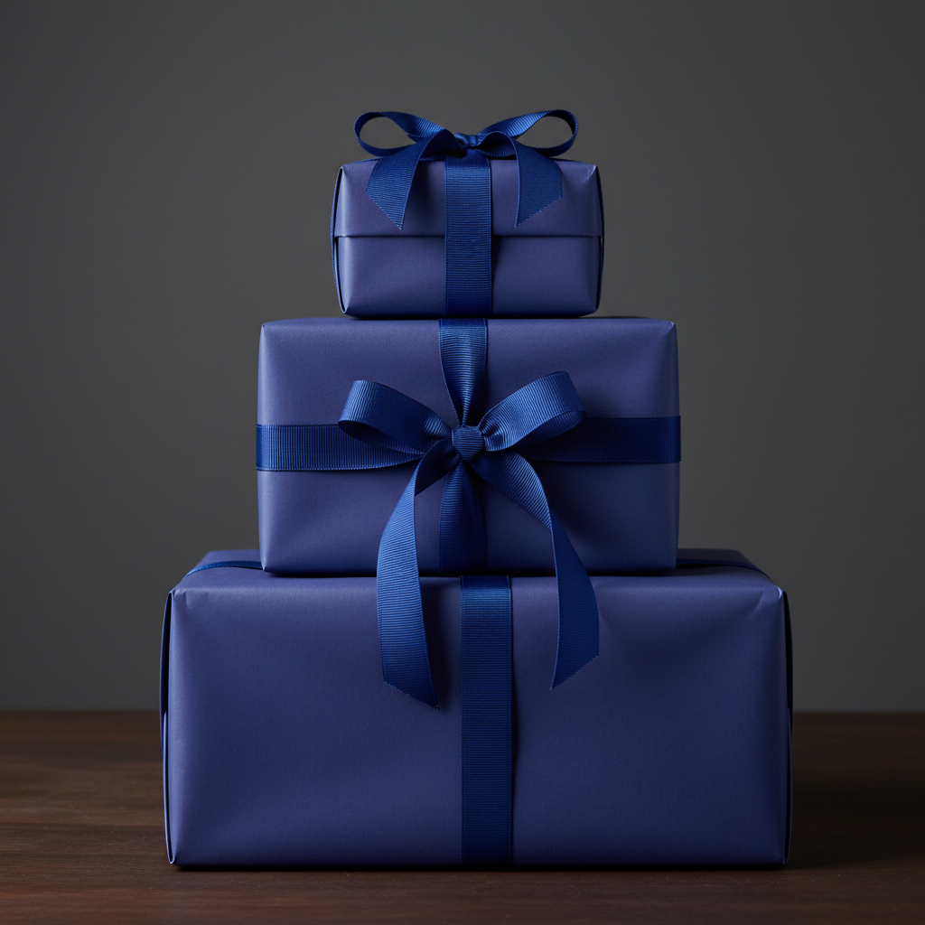 Stack of three elegant navy blue gift boxes wrapped with matching satin ribbon, perfect for birthday or holiday present wrapping.