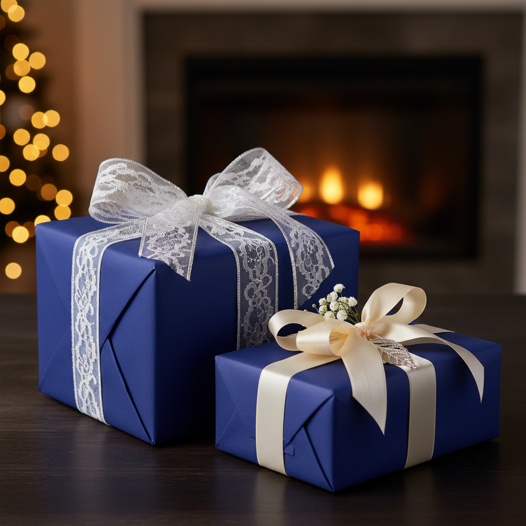 Elegant navy blue gift wrap with lace and satin ribbon for Christmas, birthday, or wedding presents.