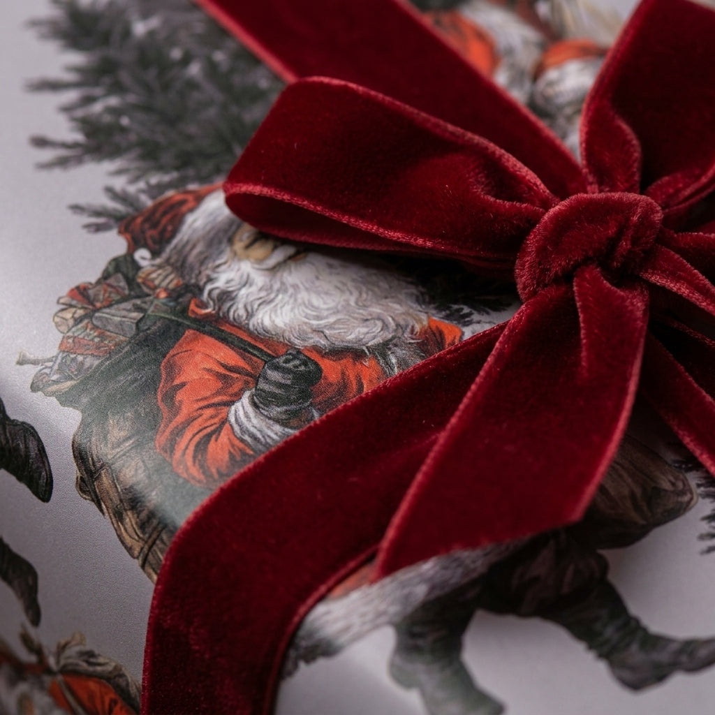 Vintage Santa Christmas wrapping paper with a luxury red velvet bow by Wrapped Studios.
