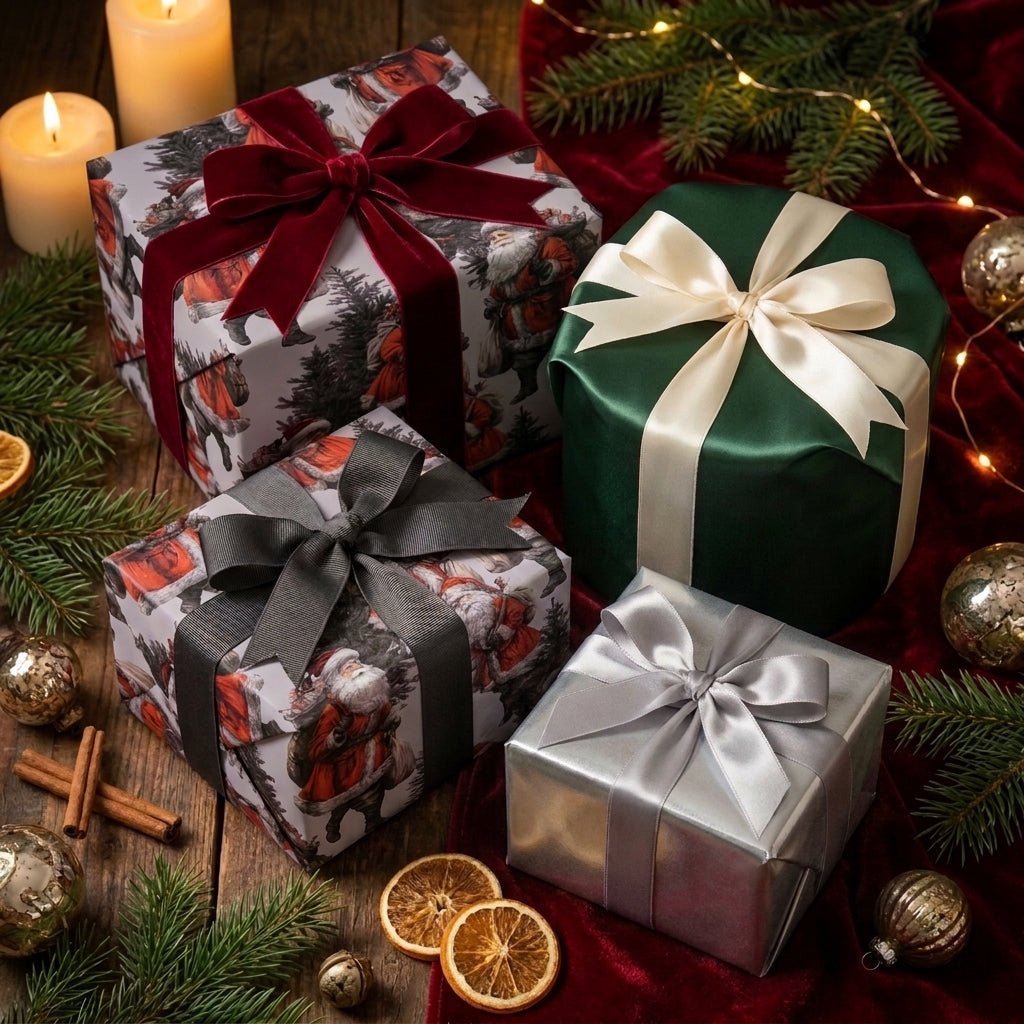 Luxury Christmas wrapping paper in vintage Santa and solid emerald green styles by Wrapped Studios.