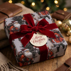 Vintage Santa Christmas wrapping paper with a luxury red velvet bow and gift tag by Wrapped Studios.