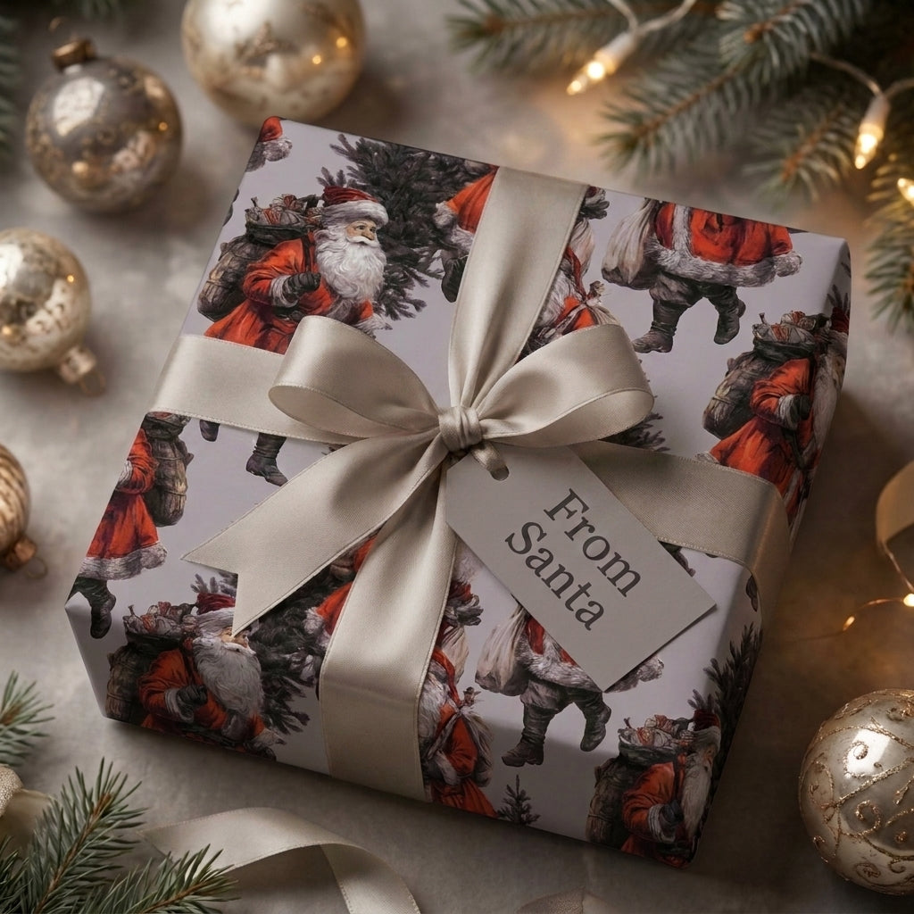 Vintage Santa Christmas gift wrap with a champagne satin bow and tag, by Wrapped Studios.
