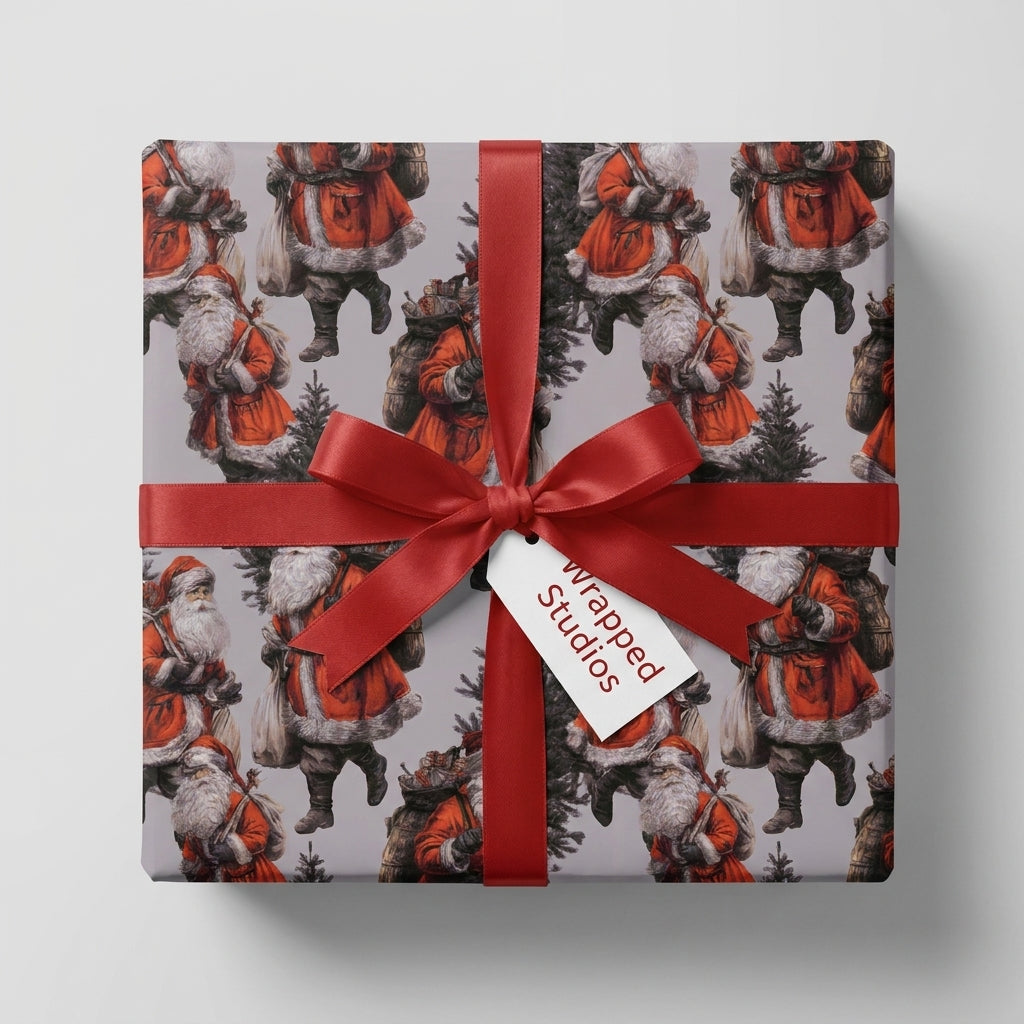 Vintage Santa Claus Christmas wrapping paper with a red satin bow and Wrapped Studios gift tag.