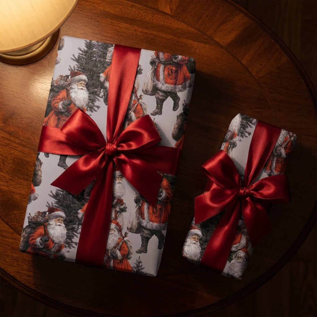 Vintage Santa Christmas wrapping paper with red satin bows on gifts, by Wrapped Studios.