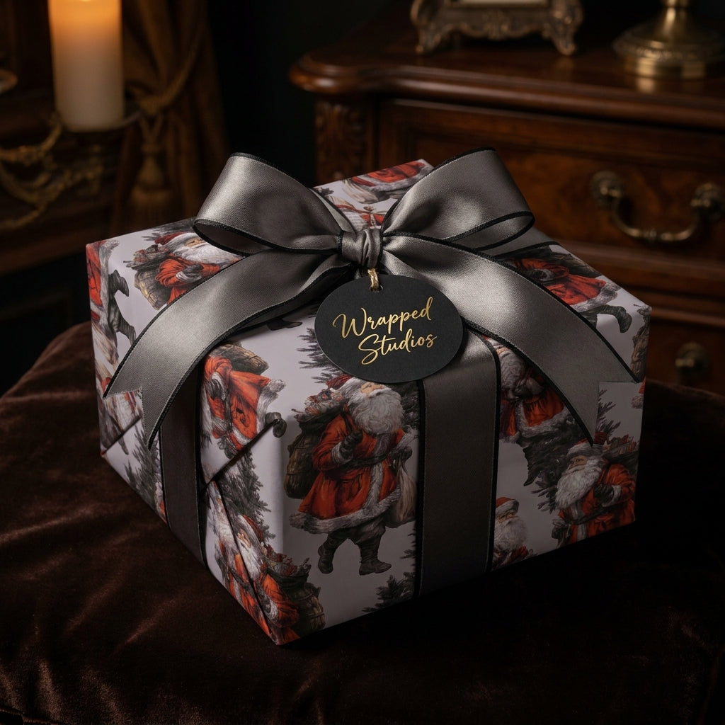 Vintage Santa Claus Christmas wrapping paper with a luxury gray ribbon by Wrapped Studios.