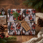 Vintage Santa Christmas wrapping paper on a rustic gift with twine and tag, by Wrapped Studios.