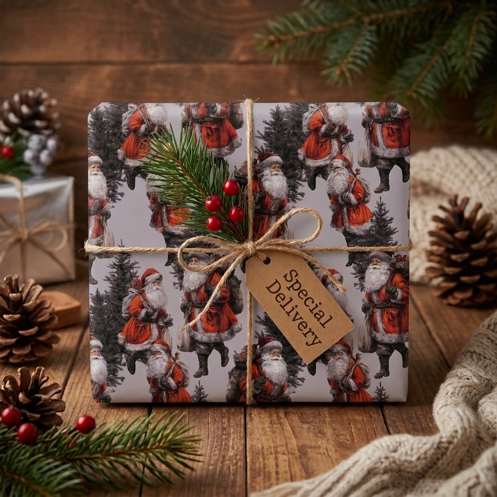 Vintage Santa Christmas wrapping paper on a rustic gift with twine and tag, by Wrapped Studios.