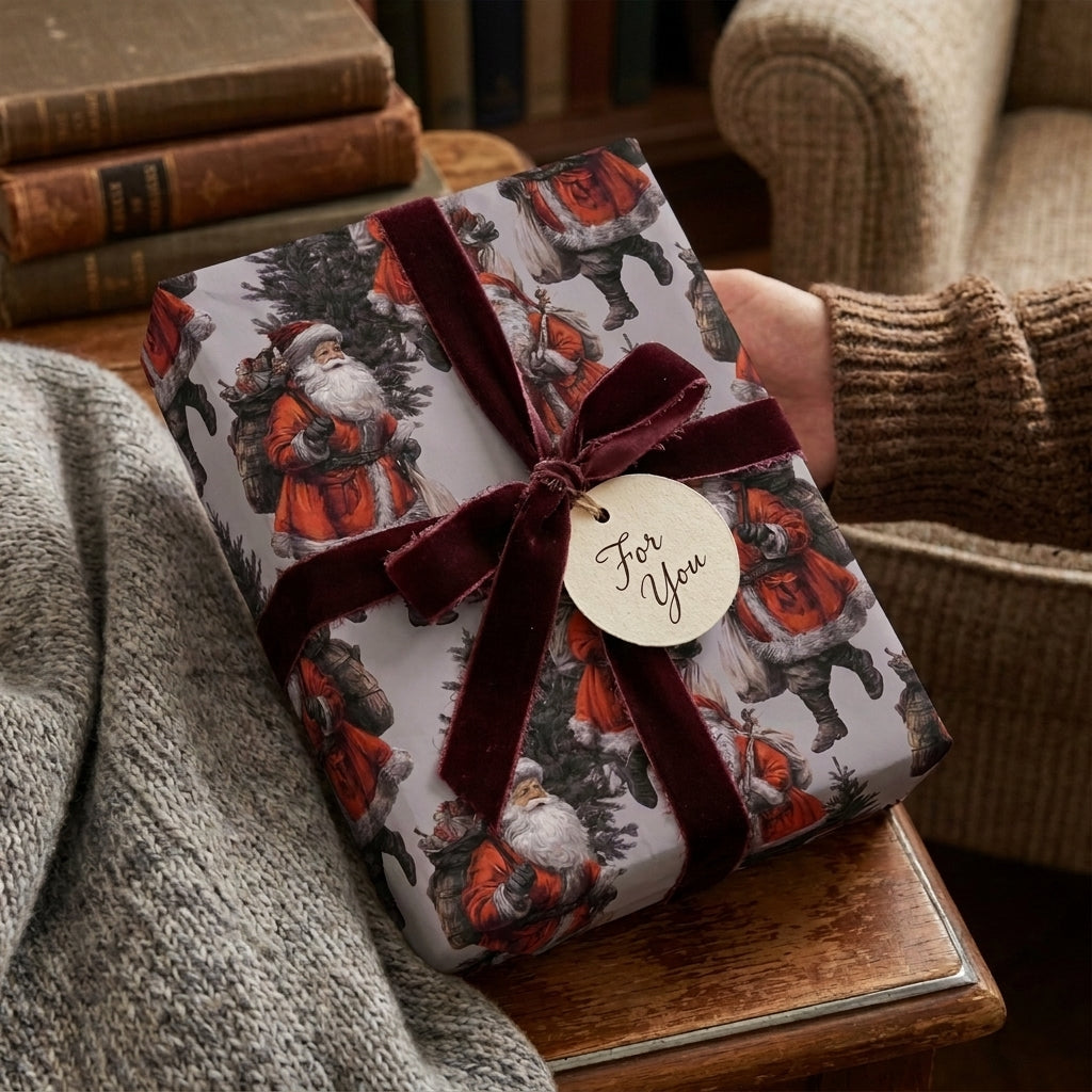 Vintage Santa Christmas wrapping paper by Wrapped Studios, tied with a luxury burgundy velvet ribbon.