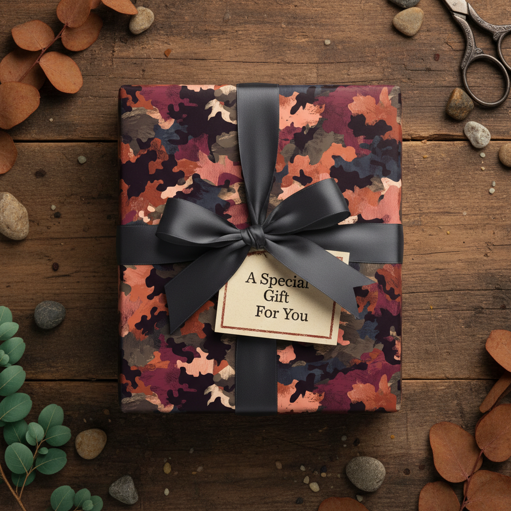 Rustic gift box wrapped in modern abstract print paper with a charcoal ribbon, perfect for any occasion.