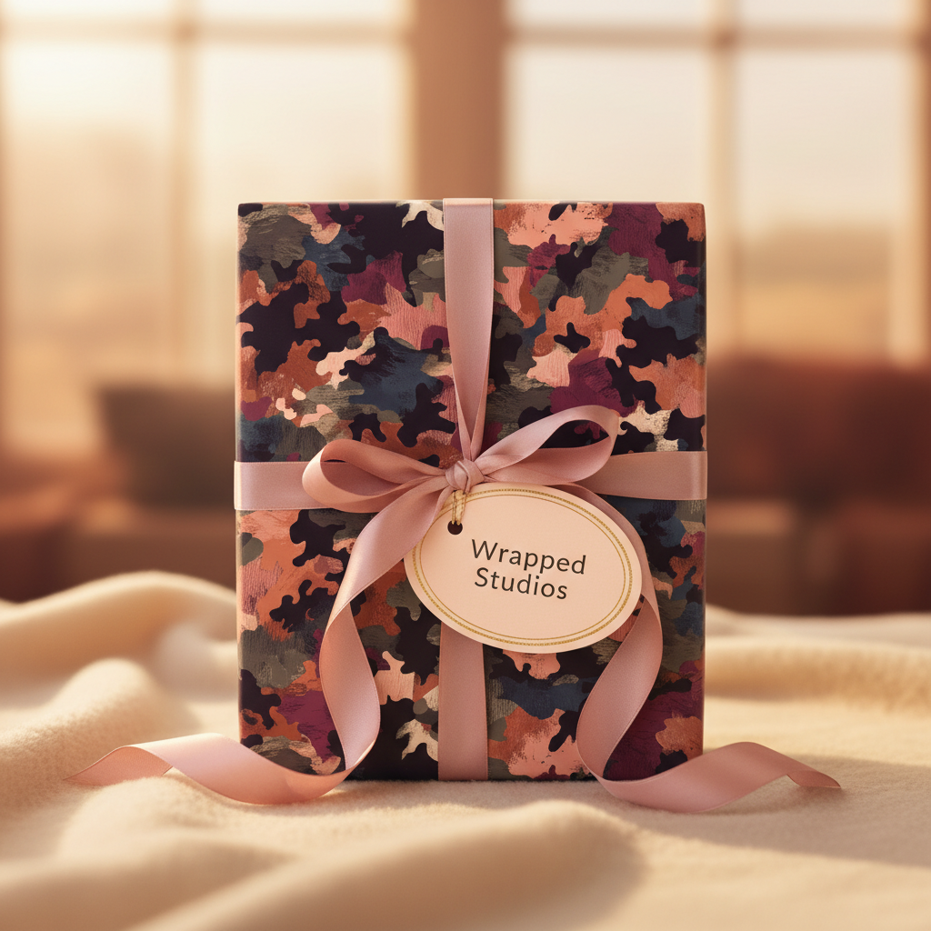Elegant gift box wrapped in abstract floral wrapping paper with pink ribbon and a tag.