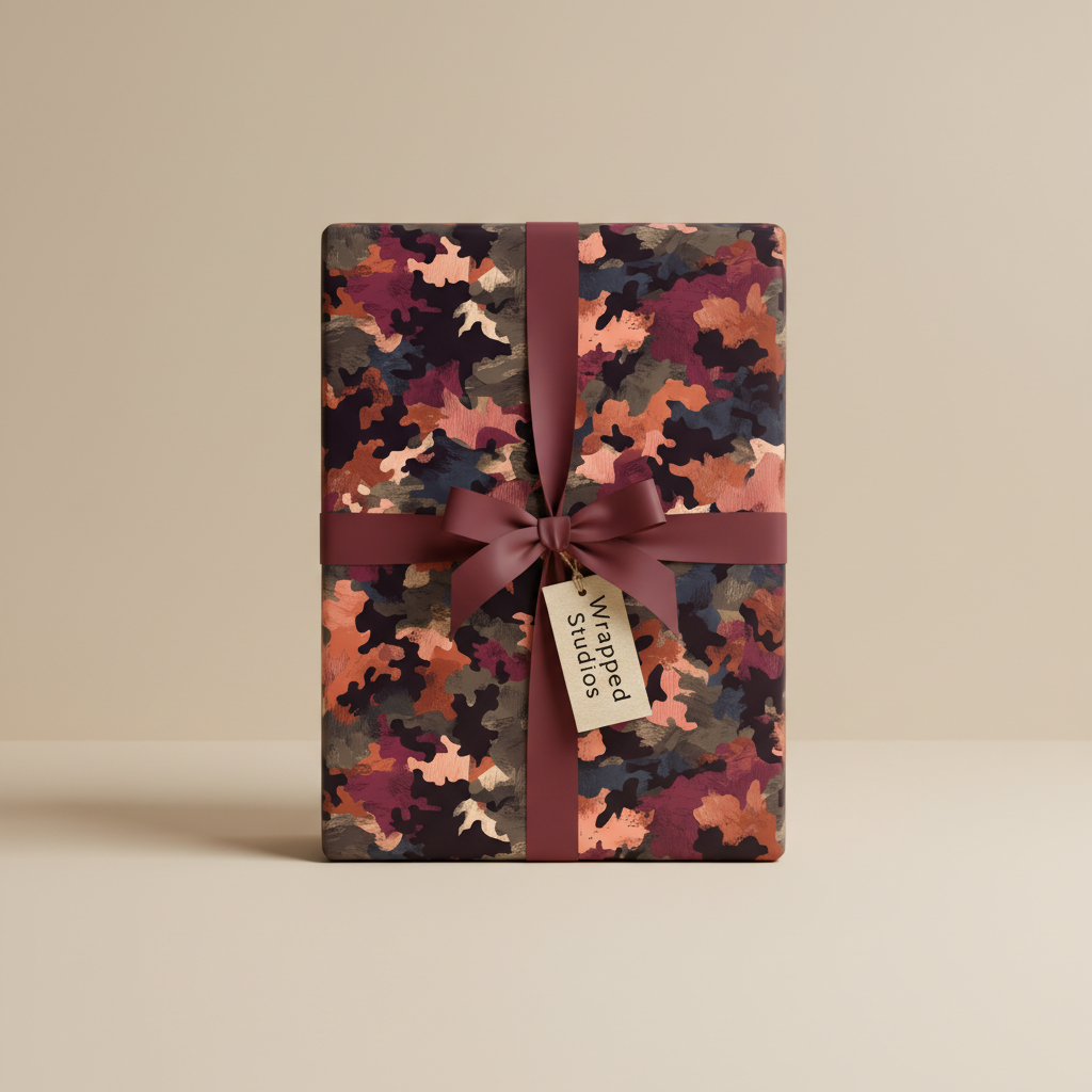 Rectangular gift wrapped in modern camouflage-style paper with a burgundy ribbon.
