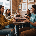 Friends exchanging a gift wrapped in floral birthday wrapping paper with rustic string in a cafe.