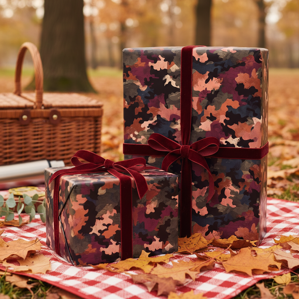 Autumn-themed gifts wrapped in camouflage wrapping paper with burgundy velvet ribbon for a fall picnic.