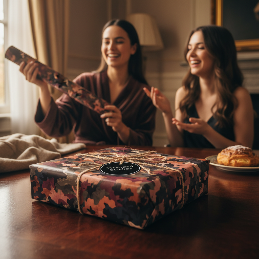 Two women celebrate with a gift wrapped in abstract floral wrapping paper, tied with rustic twine.
