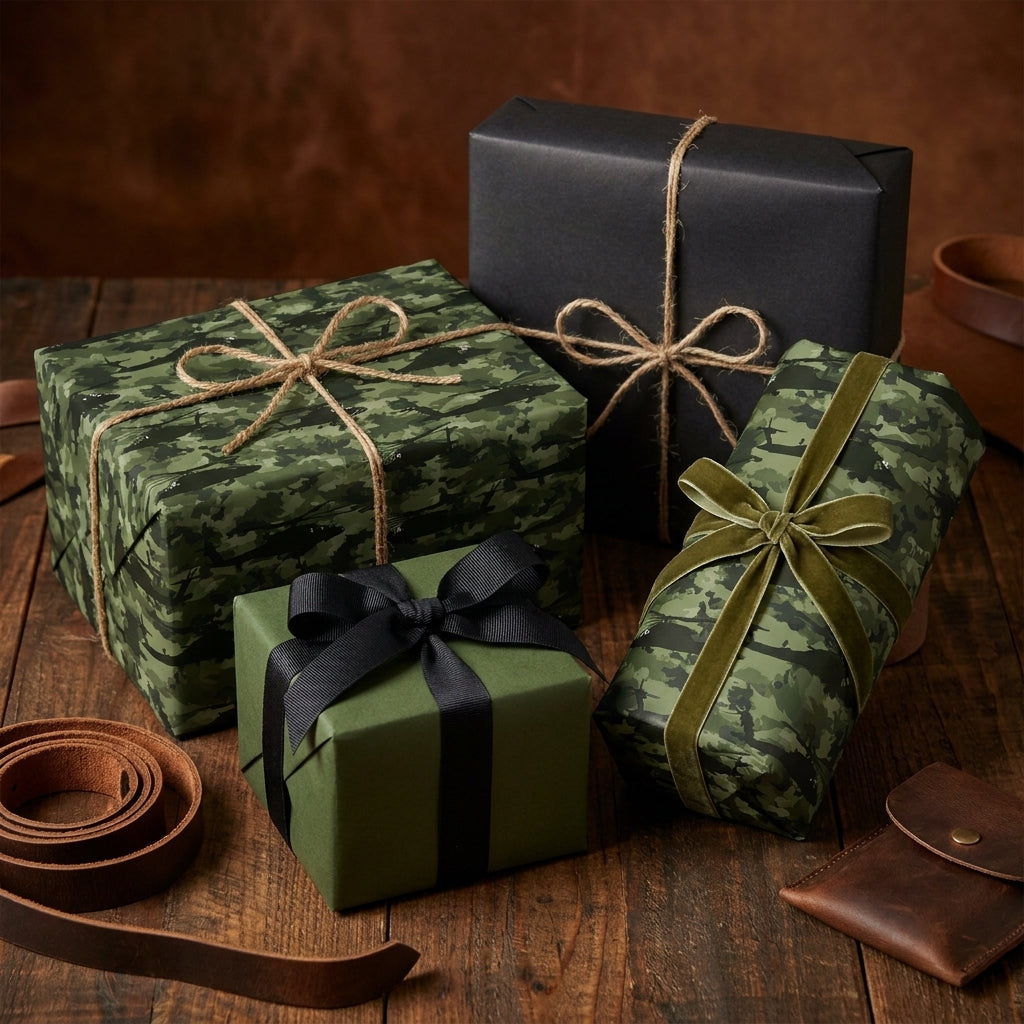 Green camouflage wrapping paper and masculine gift wrap with rustic twine by Wrapped Studios.