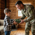 Soldier giving a boy a gift in green camo wrapping paper. Camouflage gift wrap by Wrapped Studios.