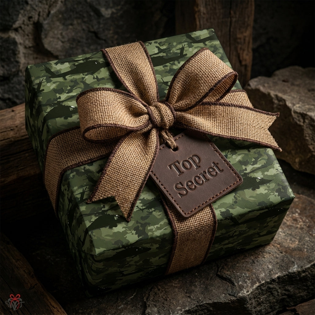 Camouflage wrapping paper on a gift box with a burlap bow and Top Secret tag by Wrapped Studios.