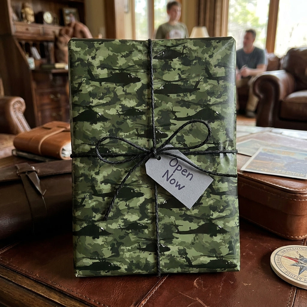 Military helicopter camo wrapping paper with black twine bow on a gift by Wrapped Studios.