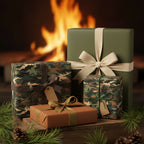 Gifts wrapped in green and camouflage wrapping paper with ribbons, presented near a warm fireplace.