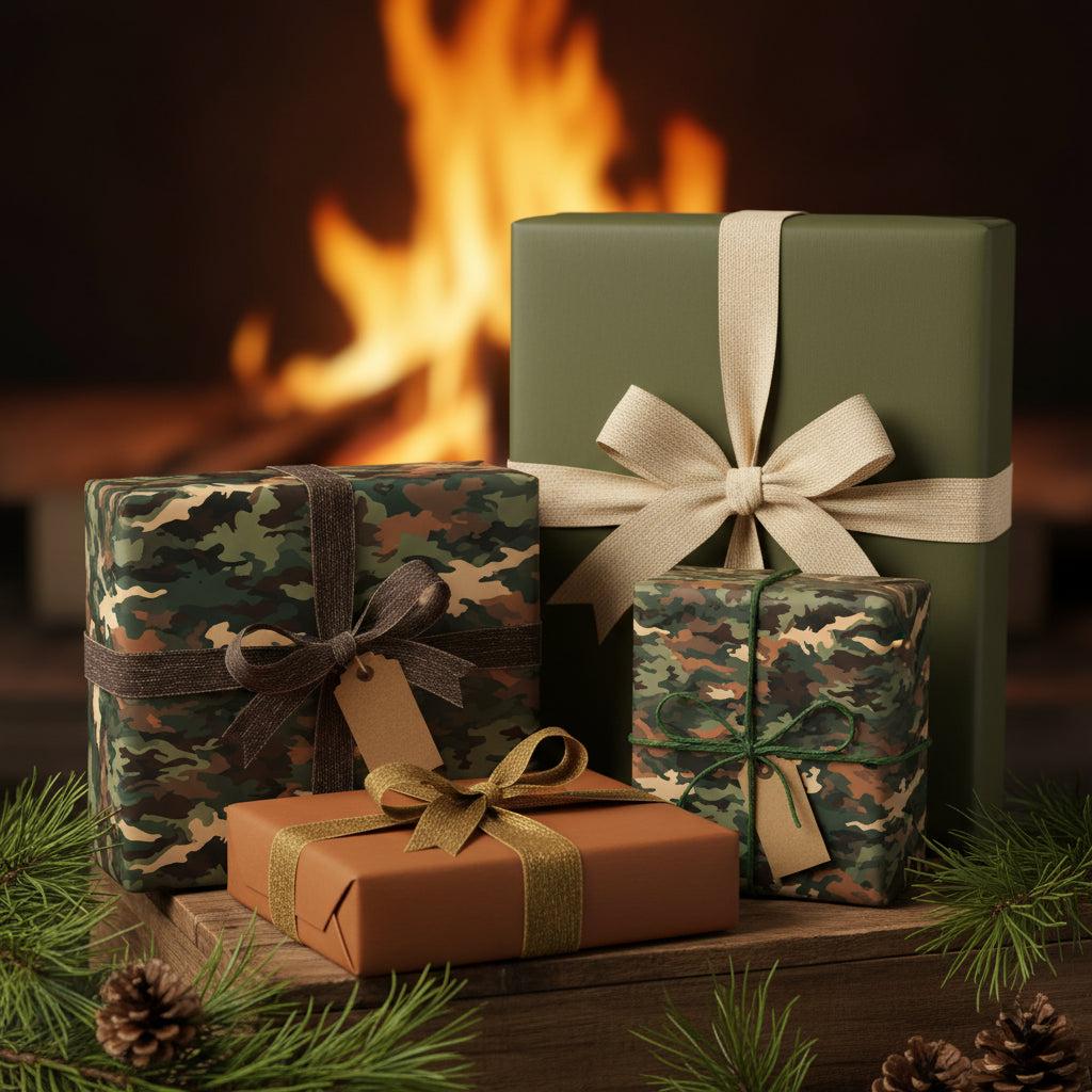 Gifts wrapped in green and camouflage wrapping paper with ribbons, presented near a warm fireplace.