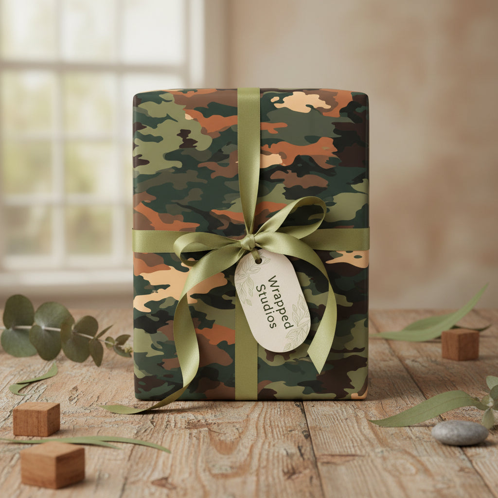 Rectangular gift wrapped in camouflage paper with a sage green ribbon on a wooden table.