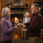 Gift exchange with camouflage wrapping paper and burlap ribbon in cozy cabin.