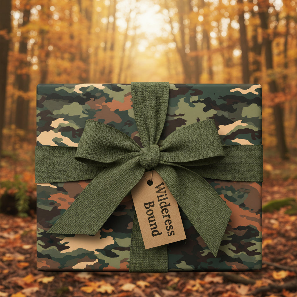 Camouflage gift wrap with green ribbon and Wilderness Bound tag; outdoorsy birthday wrapping paper.