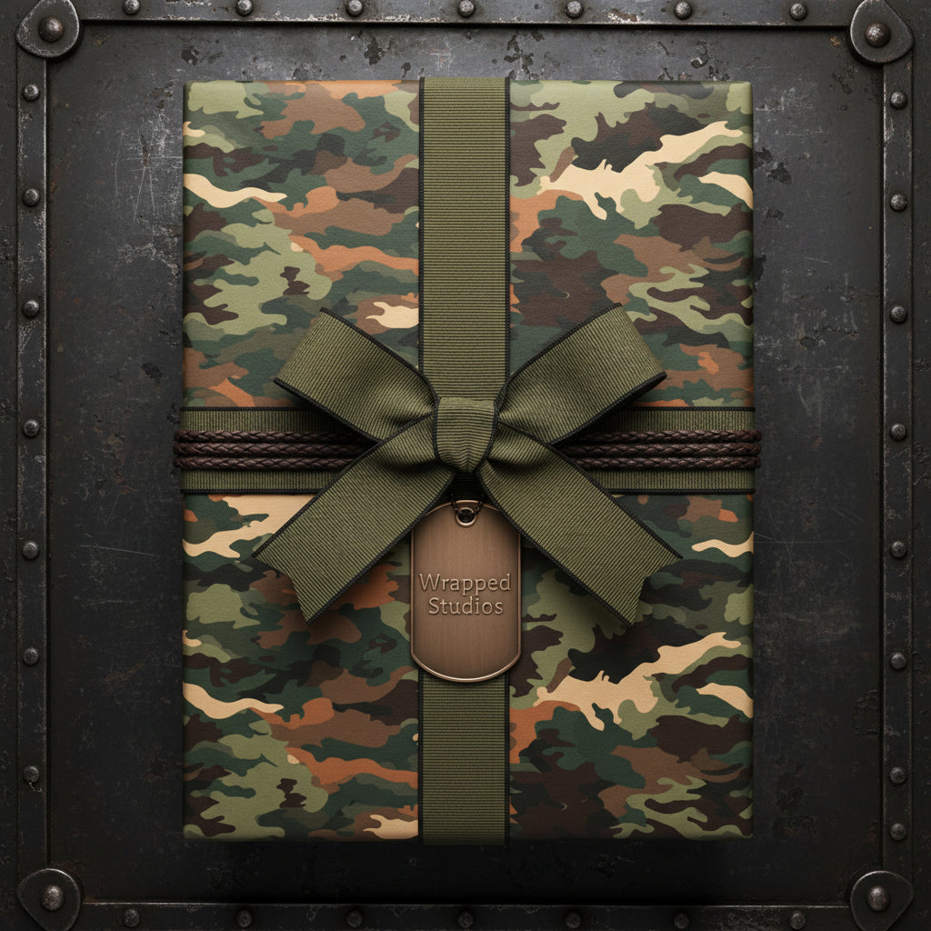 Camouflage gift wrapping paper with olive ribbon, decorative cord, and metal tag.
