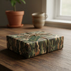 Camouflage wrapping paper on a rectangular gift box with a twine bow and a green gift tag.