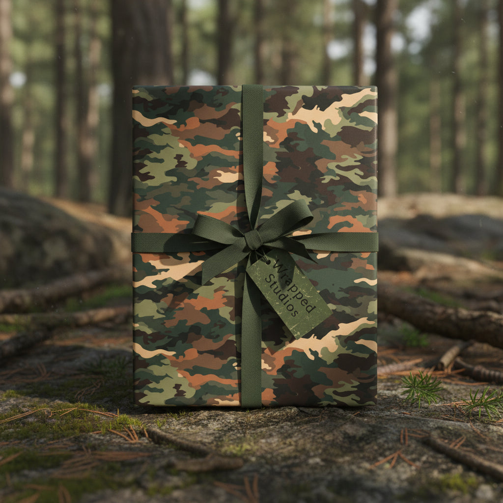 Camouflage wrapping paper with a forest-green ribbon on a gift box in an outdoor woodland setting.