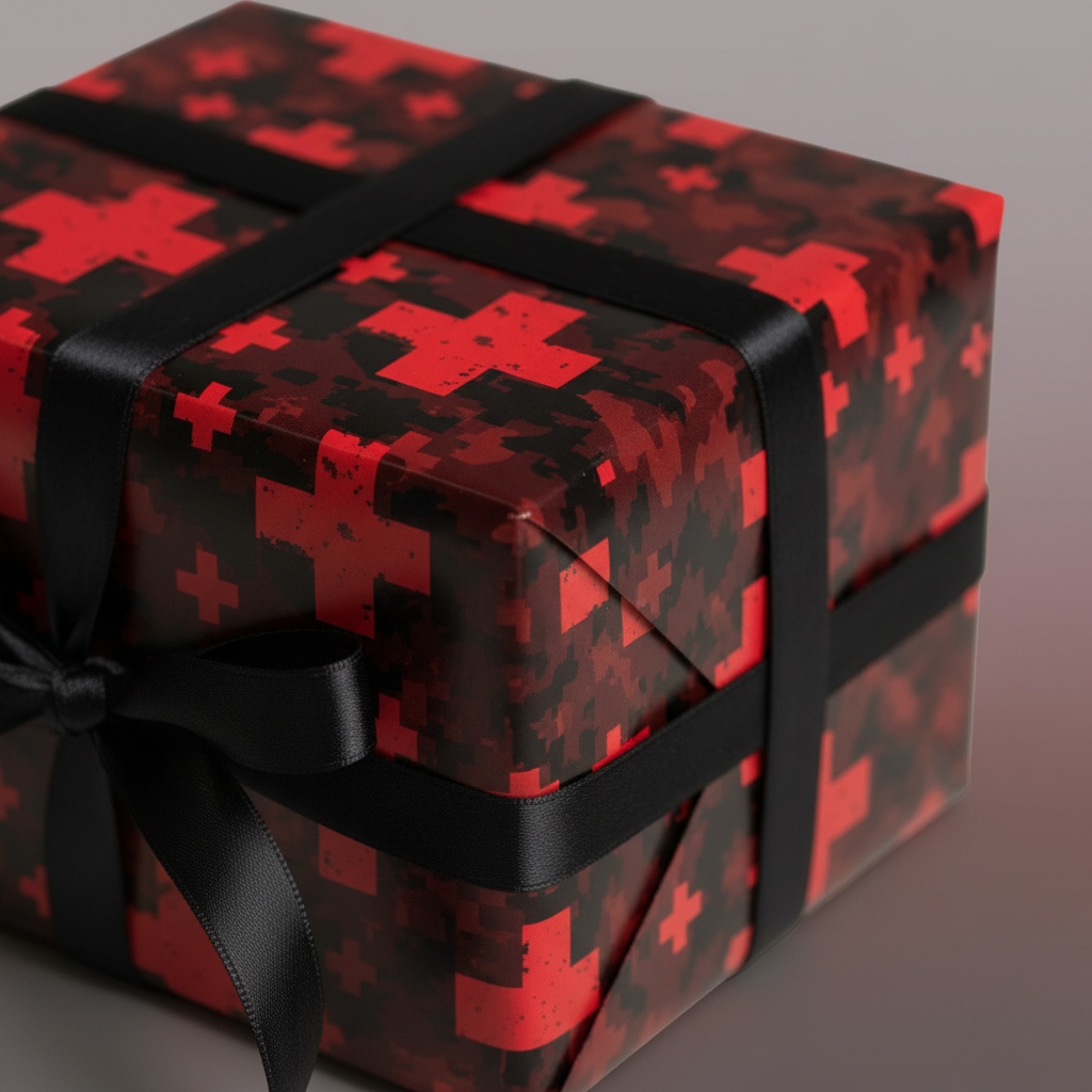 Red and black digital camo wrapping paper with a black ribbon and bow, perfect for a unique gift.
