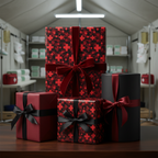 Luxury gifts wrapped in black and red cross patterned wrapping paper with elegant ribbon bows.
