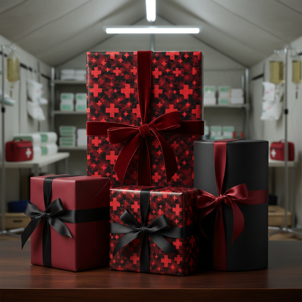 Luxury gifts wrapped in black and red cross patterned wrapping paper with elegant ribbon bows.