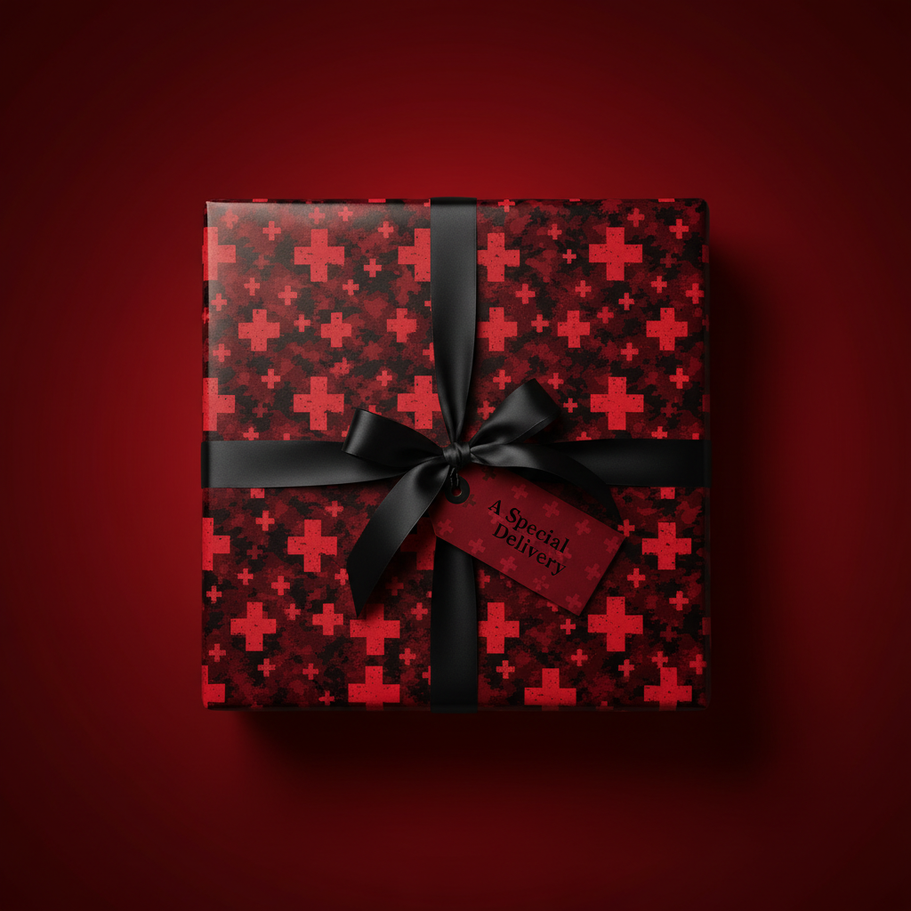 Elegant gift box with red cross pattern wrapping paper, black ribbon, and "A Special Delivery" tag.