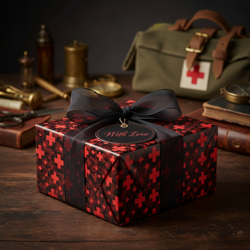Close-up of gift wrapped in red patterned paper with a black ribbon and "With Love" tag on a dark, rustic surface.