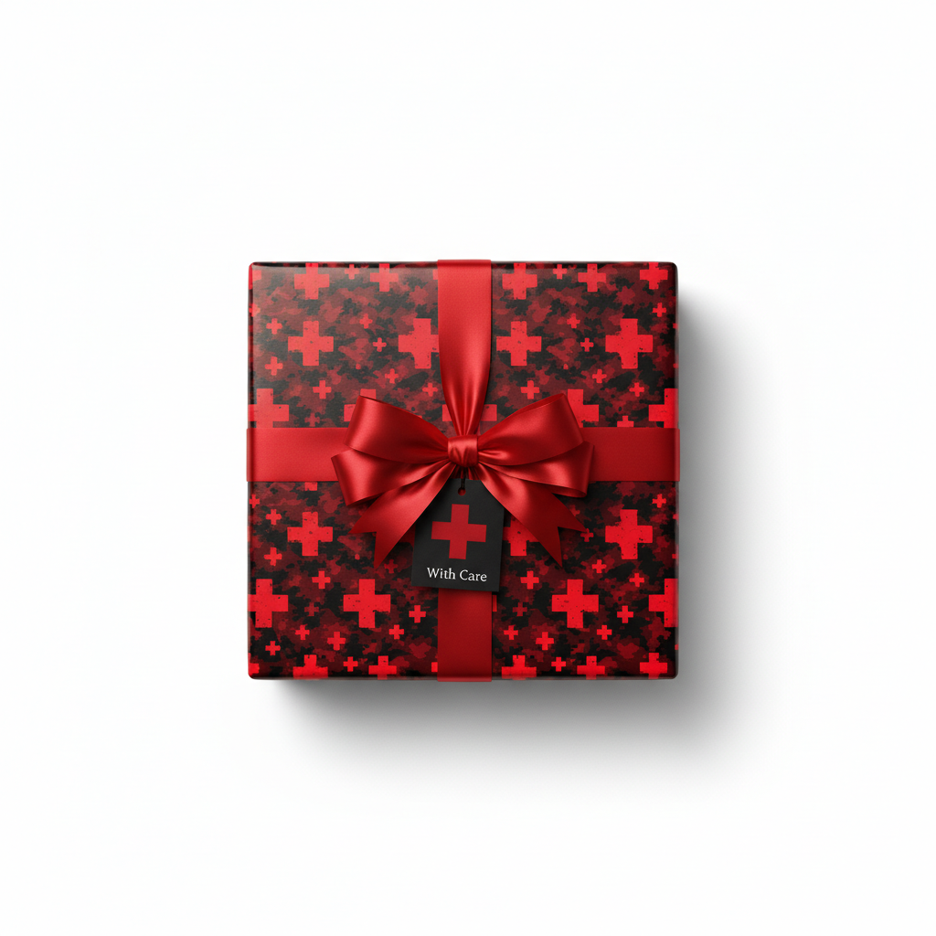 Top-down view of a gift wrapped in black and red plus-sign Christmas wrapping paper with a bright red satin bow.