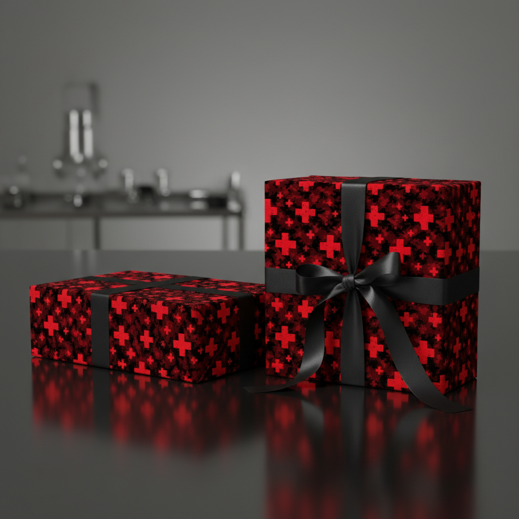 Modern red and black plus-sign patterned gift wrap with black satin ribbon and bow.