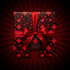 Black gift box with red plus sign pattern and satin ribbon, luxury gift wrap.
