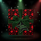 Red and black Christmas gift wrap with a green velvet bow and "Season's Greetings" tag.