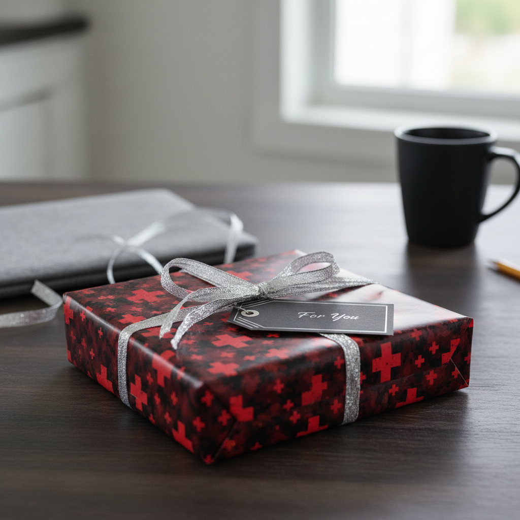 Elegant "For You" gift wrapped in red and black patterned paper, accented with a sparkly silver ribbon.