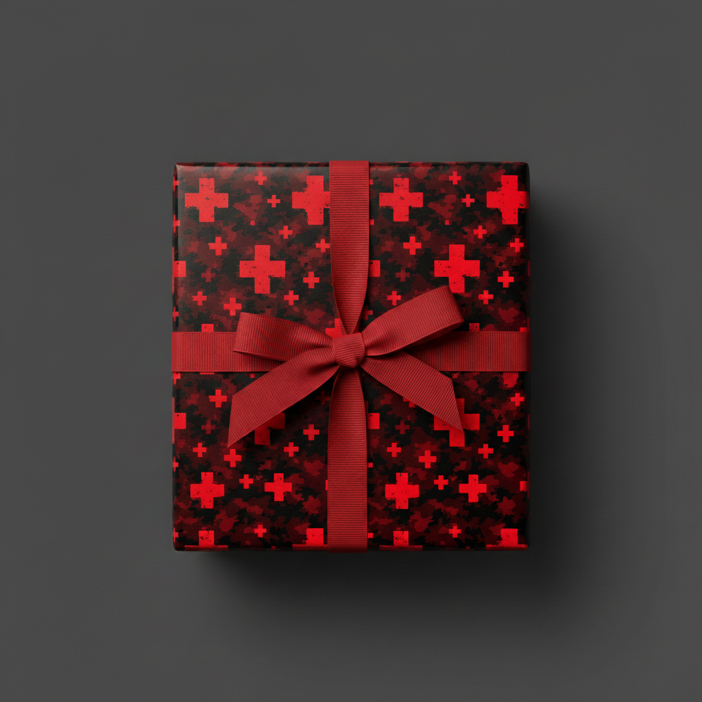 Red ribbon on modern black wrapping paper with a red plus pattern, gift box.
