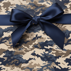 Camouflage wrapping paper with navy blue satin ribbon, perfect for military-themed gifts.