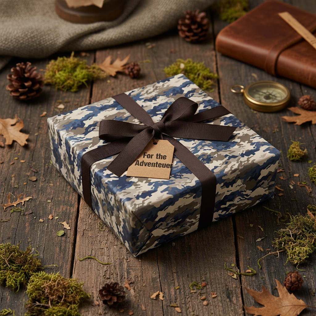Gift wrapped in blue camo wrapping paper with brown ribbon, perfect adventurer birthday present.